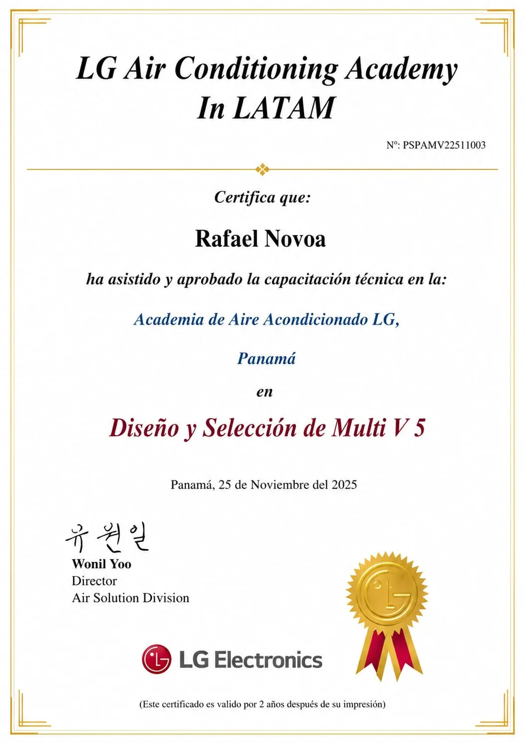 Certificado de LG Air Conditioning Academy LATAM a nombre de Rafael Novoa