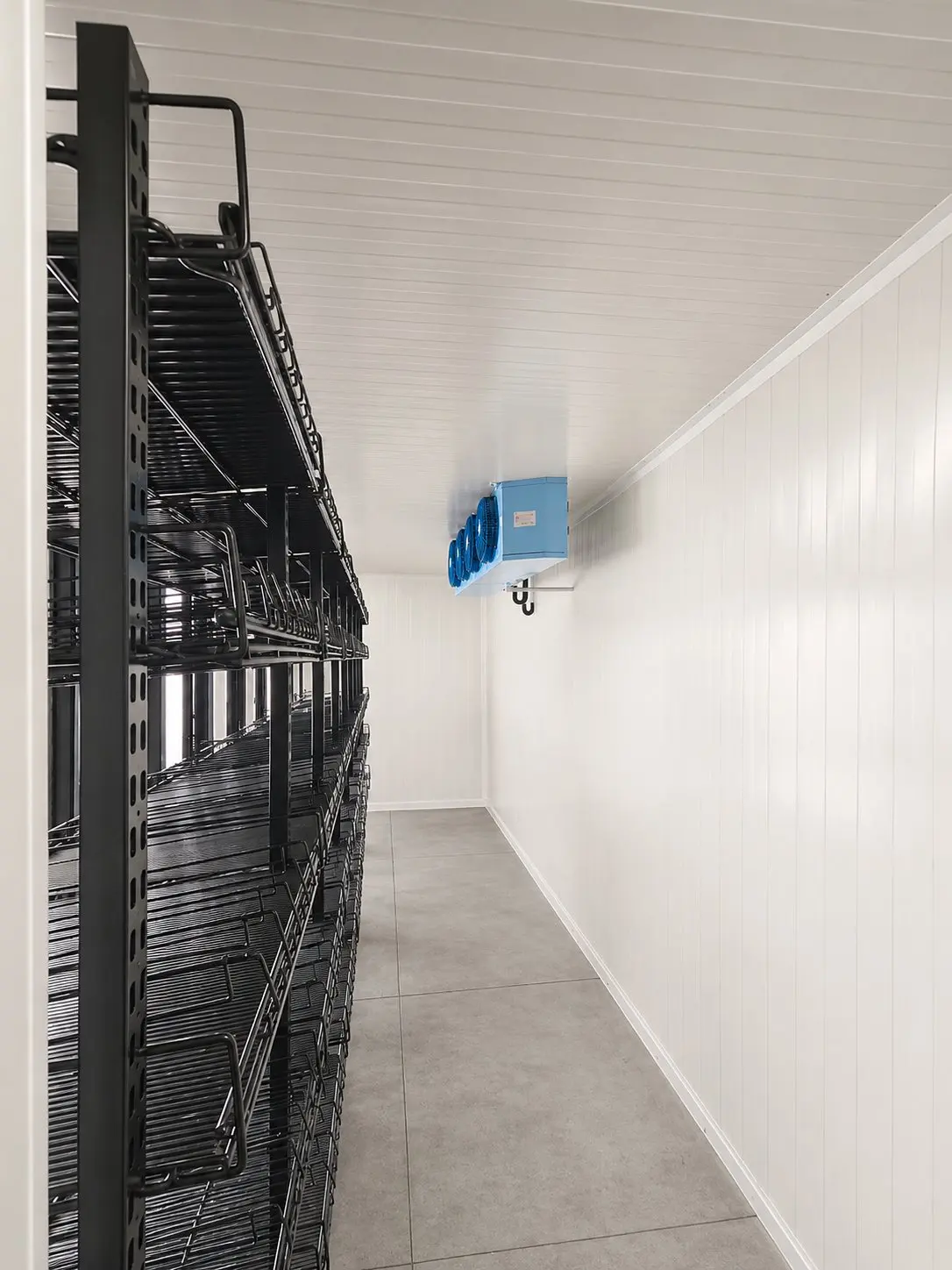 Interior de un cuarto frío construido por Aire Plus, con evaporador y estanterías